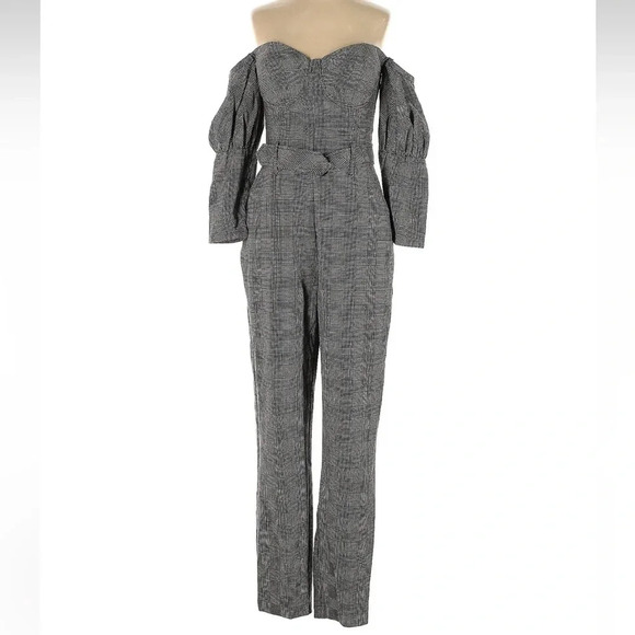Guess Alexa Grey Pinstripe Plaid Bustier Off The Shoulder Jumpsuit Size 0 XXS XS - Picture 6 of 9